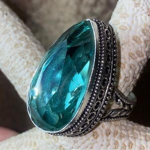 Aqua Green Tourmaline teardrop vintage Ring